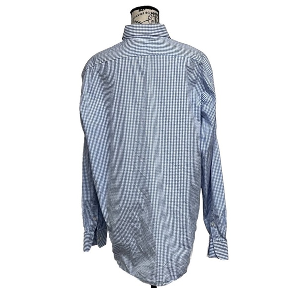 Saks Fifth Avenue Button Down Shirt Mens 17.5 Custom Made Blue Checkered Gingham - Picture 5 of 11